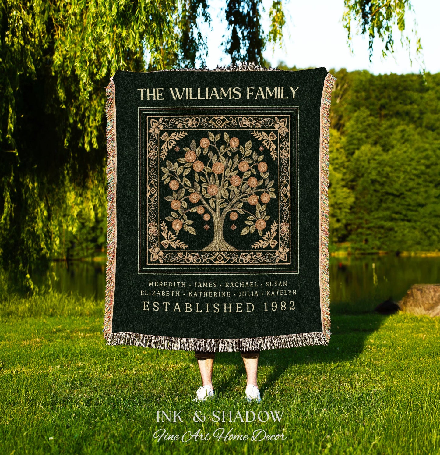 Forest Green Family Tree Personalized Blanket, Customized Heritage Tapestry Custom Gift for Grandma Sentimental for Grandparents Family Name