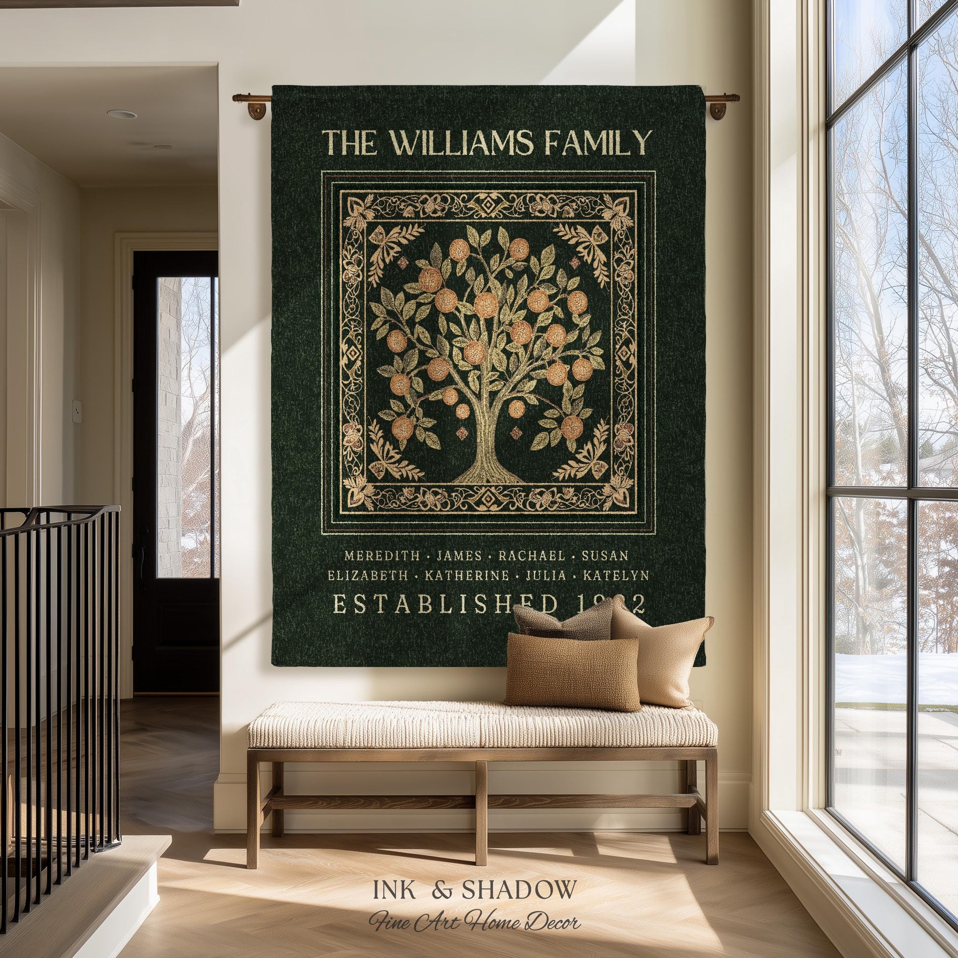 Forest Green Family Tree Personalized Blanket, Customized Heritage Tapestry Custom Gift for Grandma Sentimental for Grandparents Family Name