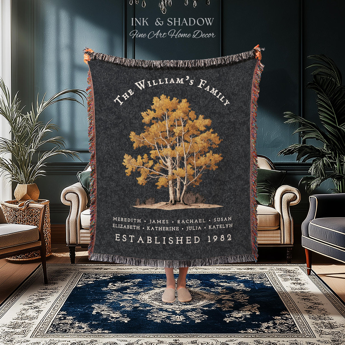 Custom Family Name Blanket Woven | Family Tree Wall Art Blanket Custom Family Gift Sentimental Gift for Mom Personalized Heritage Blanket |