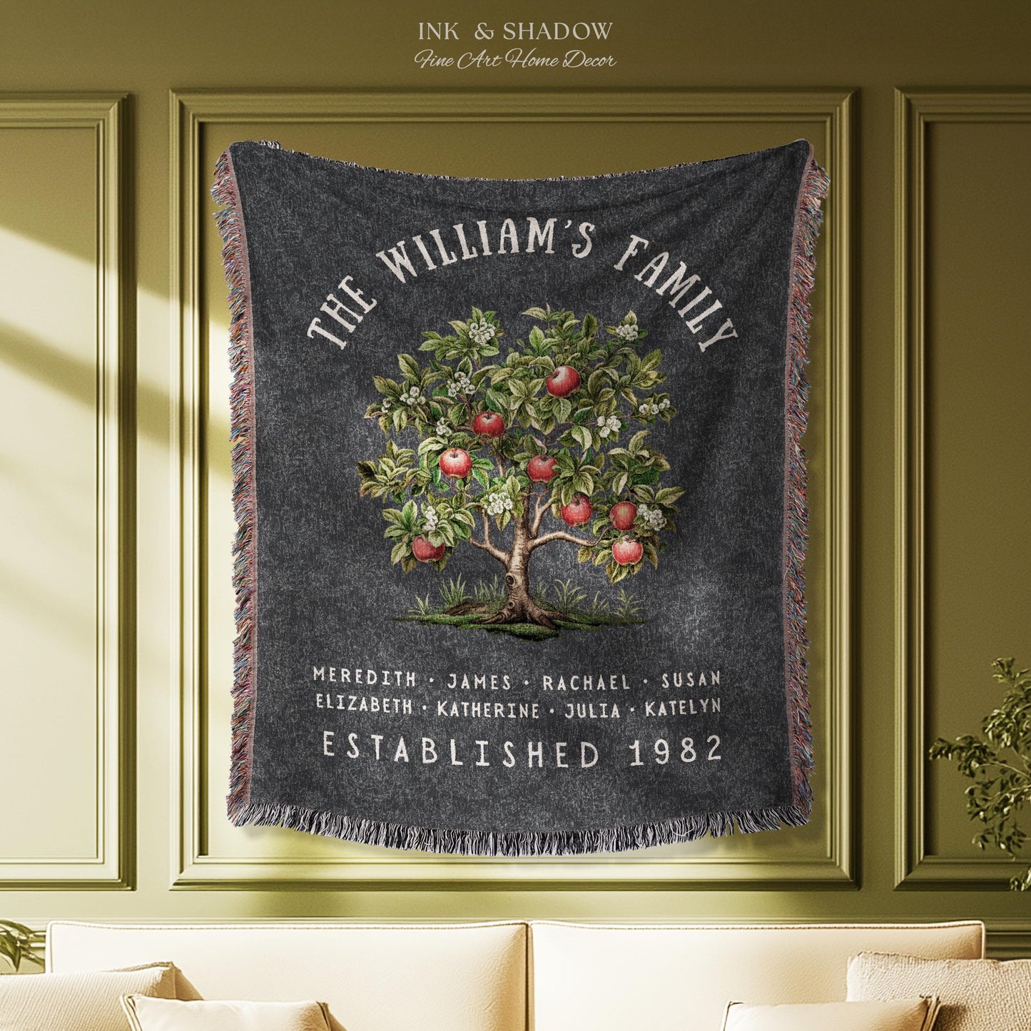 Apple Tree Custom Family Blanket | Family Tree Wall Art Blanket Custom Family Gift Sentimental Gift for Mom Personalized Family Name Gift |