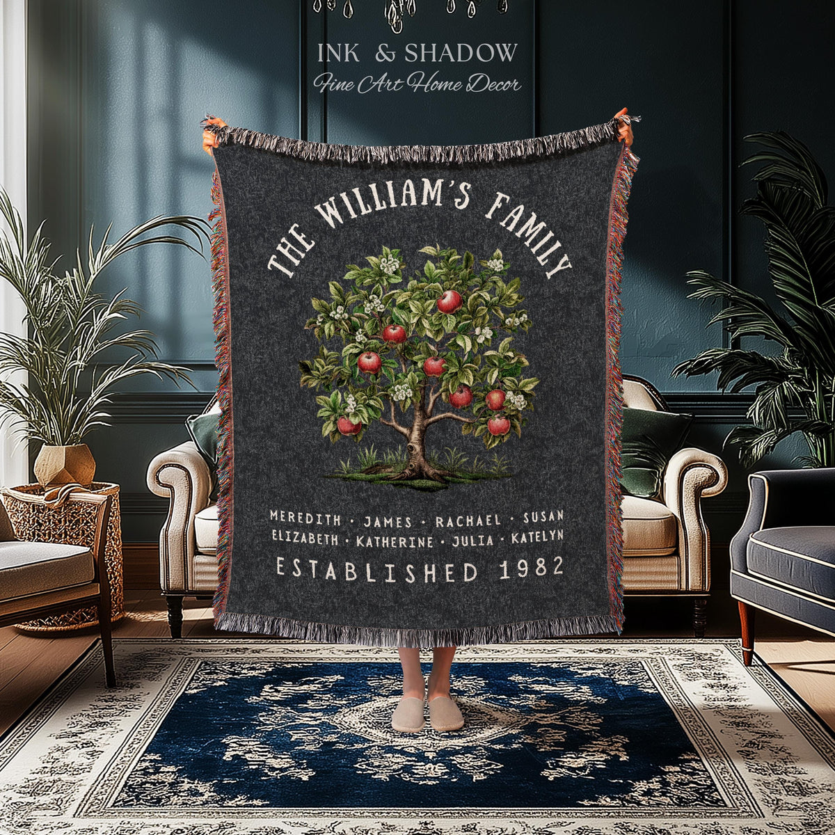 Apple Tree Custom Family Blanket | Family Tree Wall Art Blanket Custom Family Gift Sentimental Gift for Mom Personalized Family Name Gift |