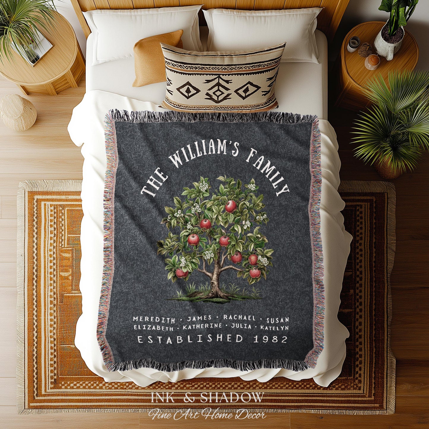Apple Tree Custom Family Blanket | Family Tree Wall Art Blanket Custom Family Gift Sentimental Gift for Mom Personalized Family Name Gift |