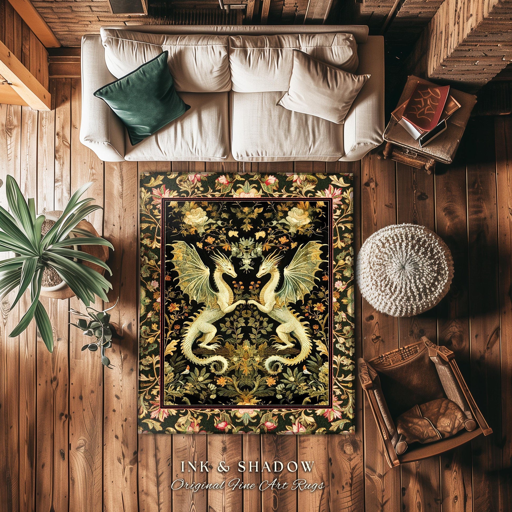 Ornate Antique Gold Folklore Aesthetic Baroque Dragon Round Area Rug | Enchanting Art Deco Goth Decor Maximalist Fantasy Mystic Home Accent