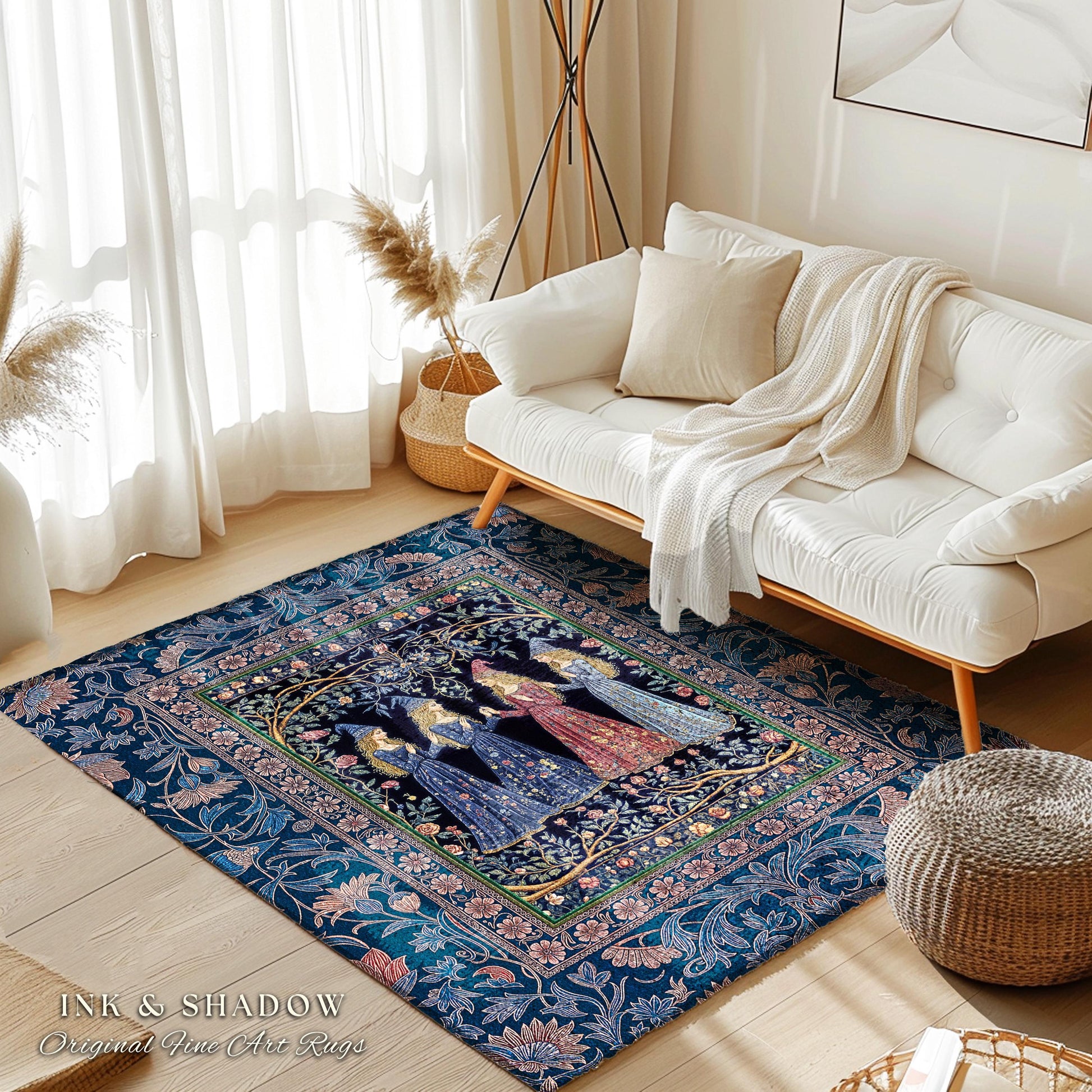 Medieval Coven Celestial Accent Rug | Moody Aesthetic Witches Enchanted Art Nouveau Gothic Ethereal Folklore Bedroom Rug Ornate Magic Decor