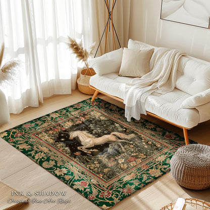 Medieval Fantasy Unicorn Area Rug | Floral Fairytale Pegasus Decor Castlecore Romantic Accent Baroque Style Mystical Forest Gothic Bedroom |