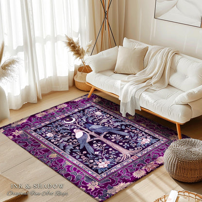 Witchy Purple Moonlit Raven Area Rug | Gothic Floral Moody Whimsical Dark Folklore Baroque Bedroom Accent Autumnal Whimsigothic Style Dorm |