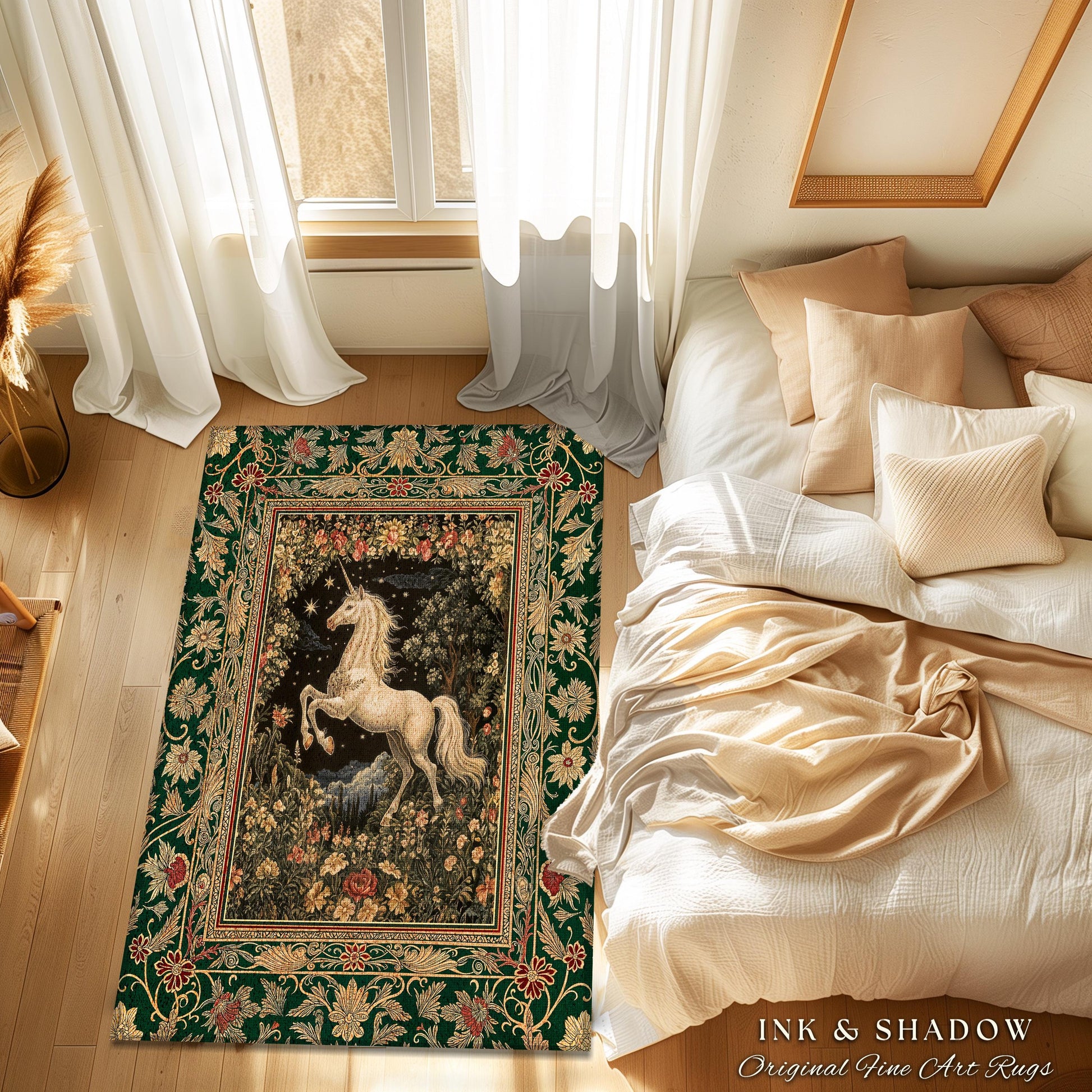 Medieval Fantasy Unicorn Area Rug | Floral Fairytale Pegasus Decor Castlecore Romantic Accent Baroque Style Mystical Forest Gothic Bedroom |