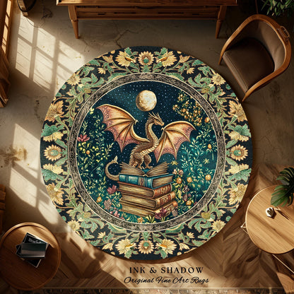 Moonlit Book Dragon Area Rug | Book Nook Victorian Floral Aesthetic Dark Academia Reading Room Storybook Accent Rug Book Lover Home Decor |