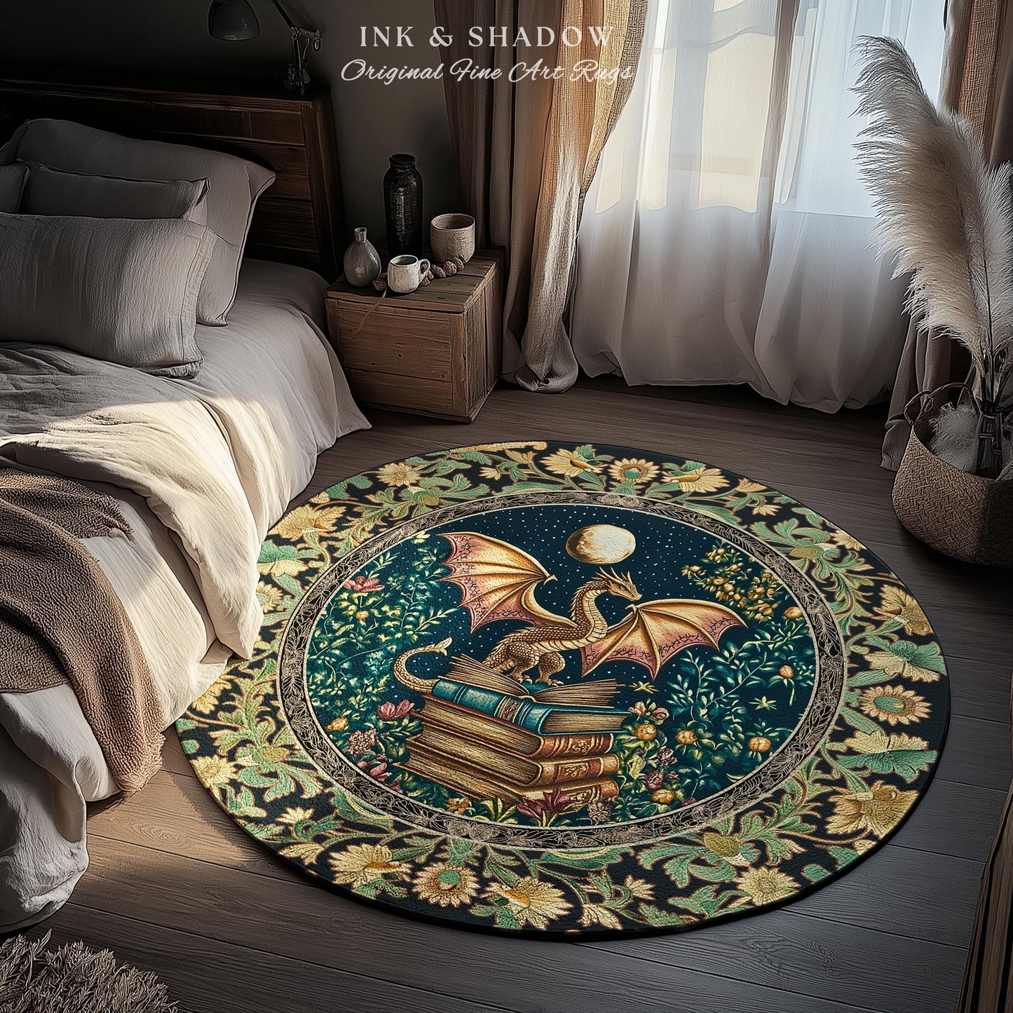 Moonlit Book Dragon Area Rug | Book Nook Victorian Floral Aesthetic Dark Academia Reading Room Storybook Accent Rug Book Lover Home Decor |