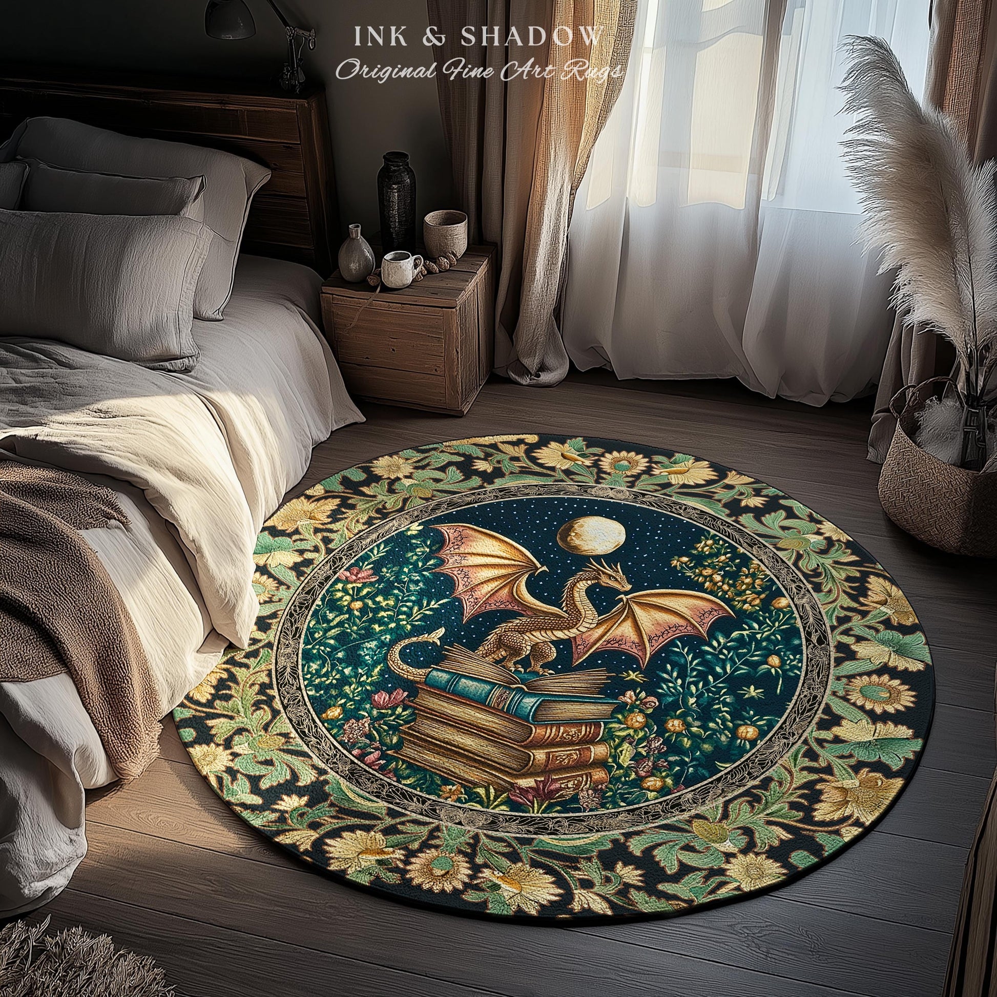 Moonlit Book Dragon Area Rug | Book Nook Victorian Floral Aesthetic Dark Academia Reading Room Storybook Accent Rug Book Lover Home Decor |
