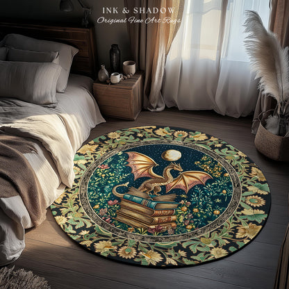 Moonlit Book Dragon Area Rug | Book Nook Victorian Floral Aesthetic Dark Academia Reading Room Storybook Accent Rug Book Lover Home Decor |