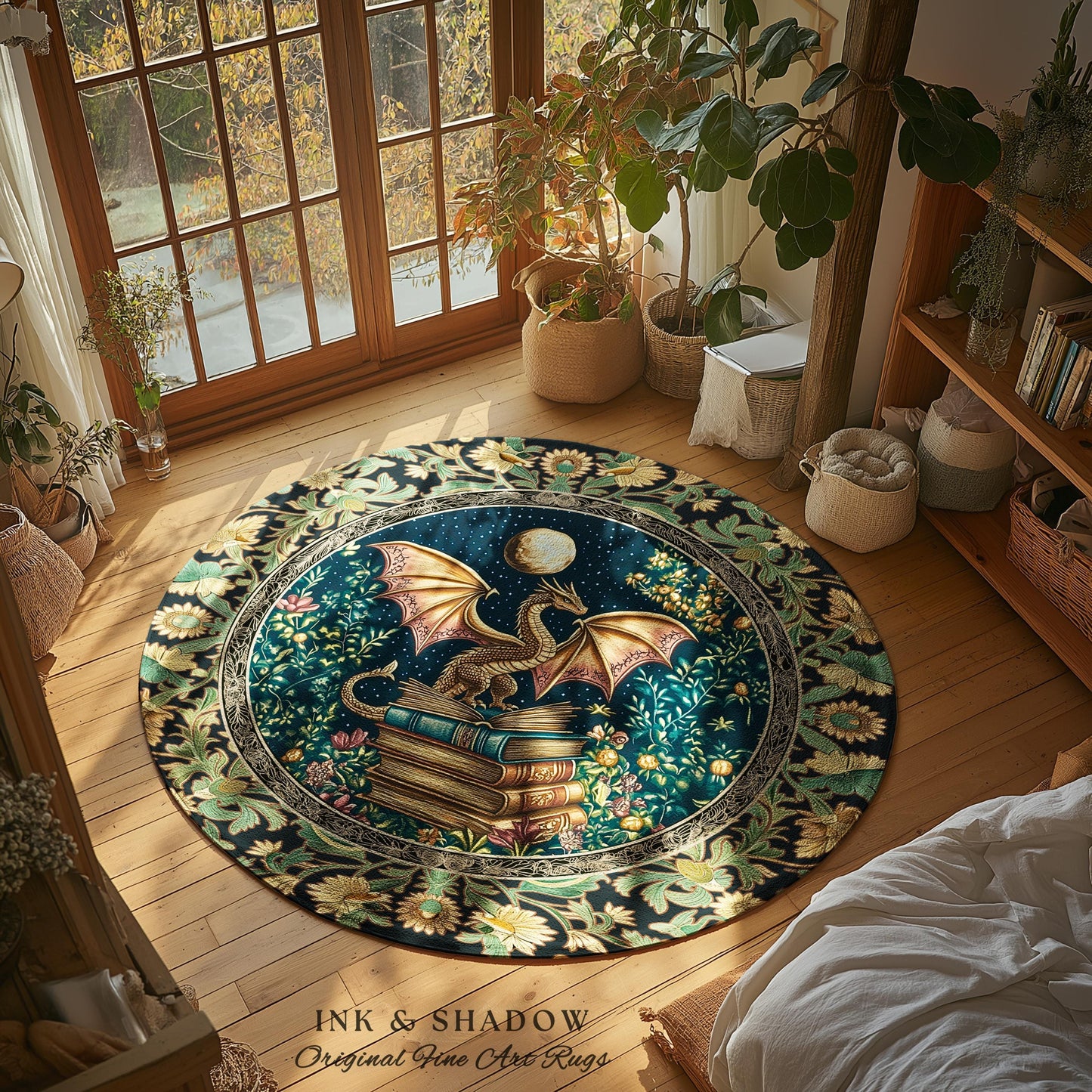 Moonlit Book Dragon Area Rug | Book Nook Victorian Floral Aesthetic Dark Academia Reading Room Storybook Accent Rug Book Lover Home Decor |