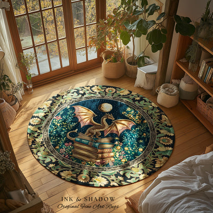 Moonlit Book Dragon Area Rug | Book Nook Victorian Floral Aesthetic Dark Academia Reading Room Storybook Accent Rug Book Lover Home Decor |