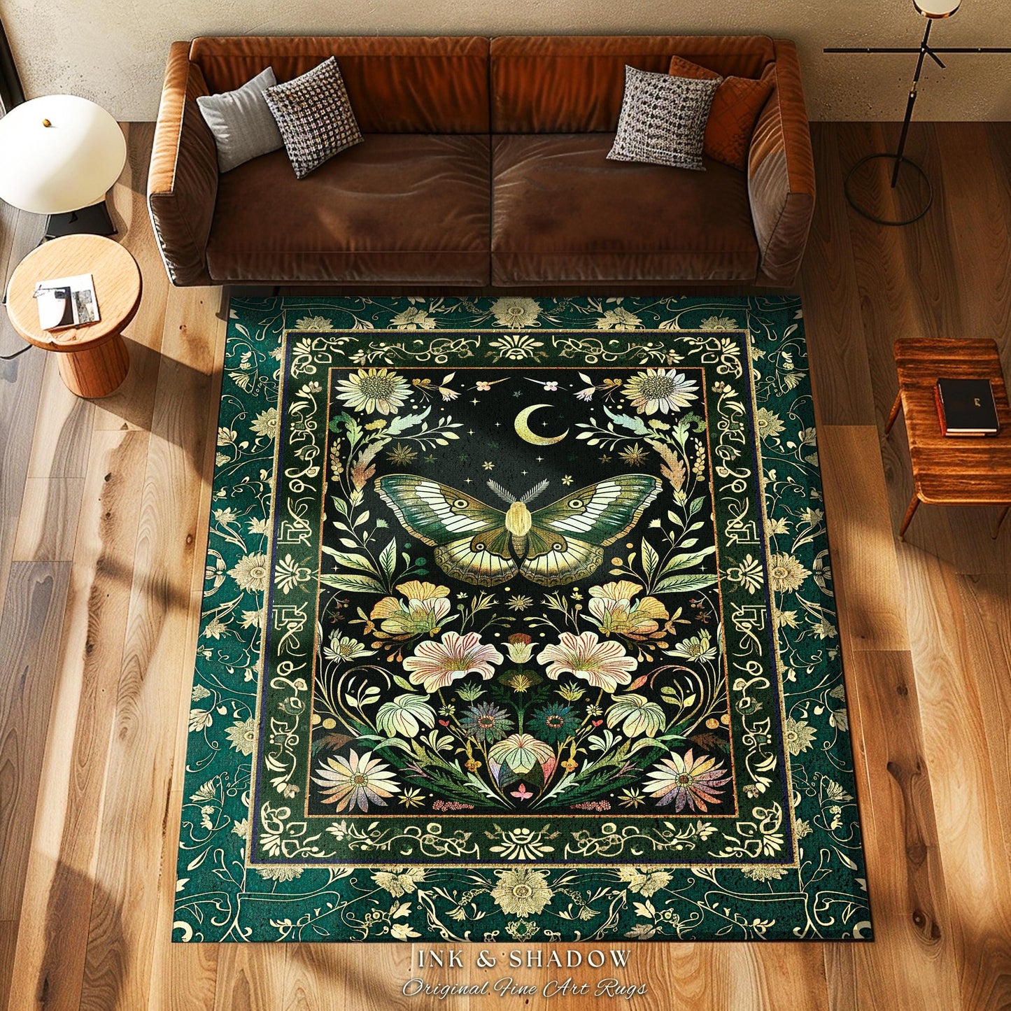 Dark Green Cottagecore Moth Rug Ethereal Botanical Fairycore Decor | Moonlit Garden Boho Butterfly Art Floral Moth Rug Nature Lovers Gift