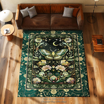 Dark Green Cottagecore Moth Rug Ethereal Botanical Fairycore Decor | Moonlit Garden Boho Butterfly Art Floral Moth Rug Nature Lovers Gift