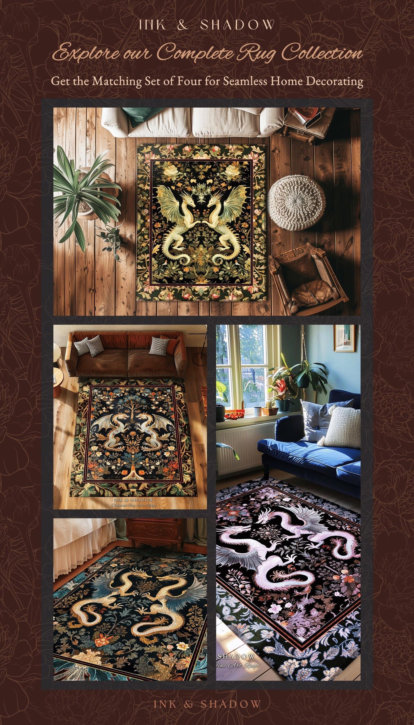 Rococo Dragon Rug Ornate Baroque Art Nouveau Inspired Runner Folklore Decor | Antique Aesthetic Maximalist Fantasy Home Statement Art Piece