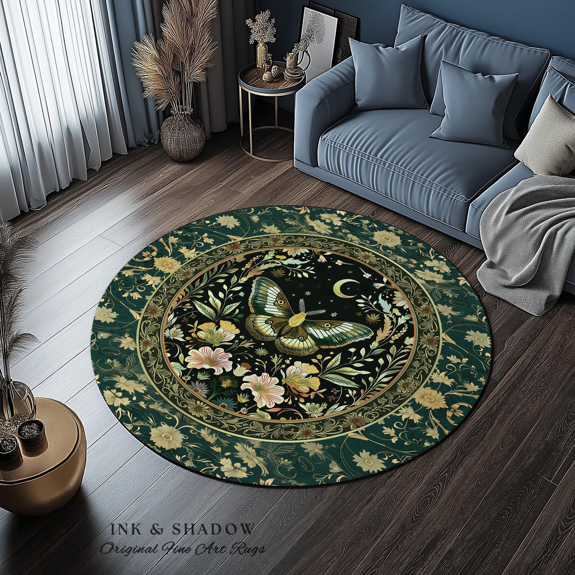 Dark Green Cottagecore Moth Rug Ethereal Botanical Fairycore Decor | Moonlit Garden Boho Butterfly Art Floral Moth Rug Nature Lovers Gift