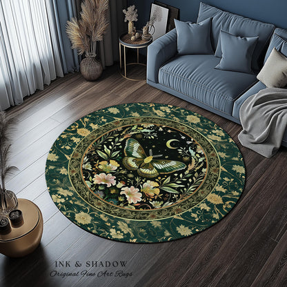 Dark Green Cottagecore Moth Rug Ethereal Botanical Fairycore Decor | Moonlit Garden Boho Butterfly Art Floral Moth Rug Nature Lovers Gift