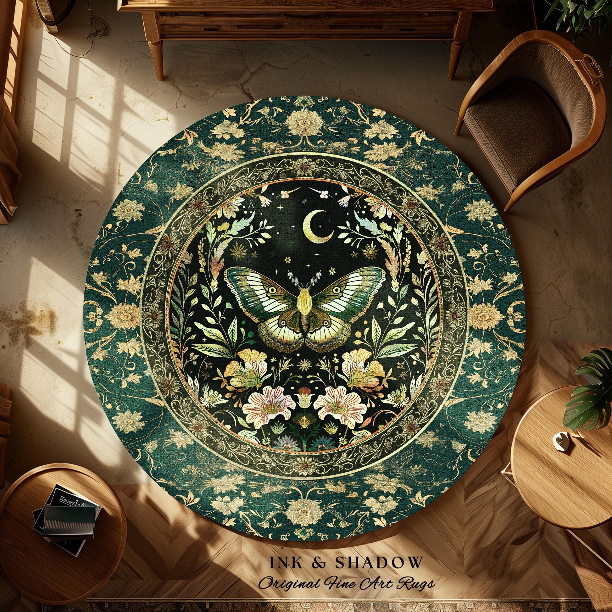 Dark Green Cottagecore Moth Rug Ethereal Botanical Fairycore Decor | Moonlit Garden Boho Butterfly Art Floral Moth Rug Nature Lovers Gift