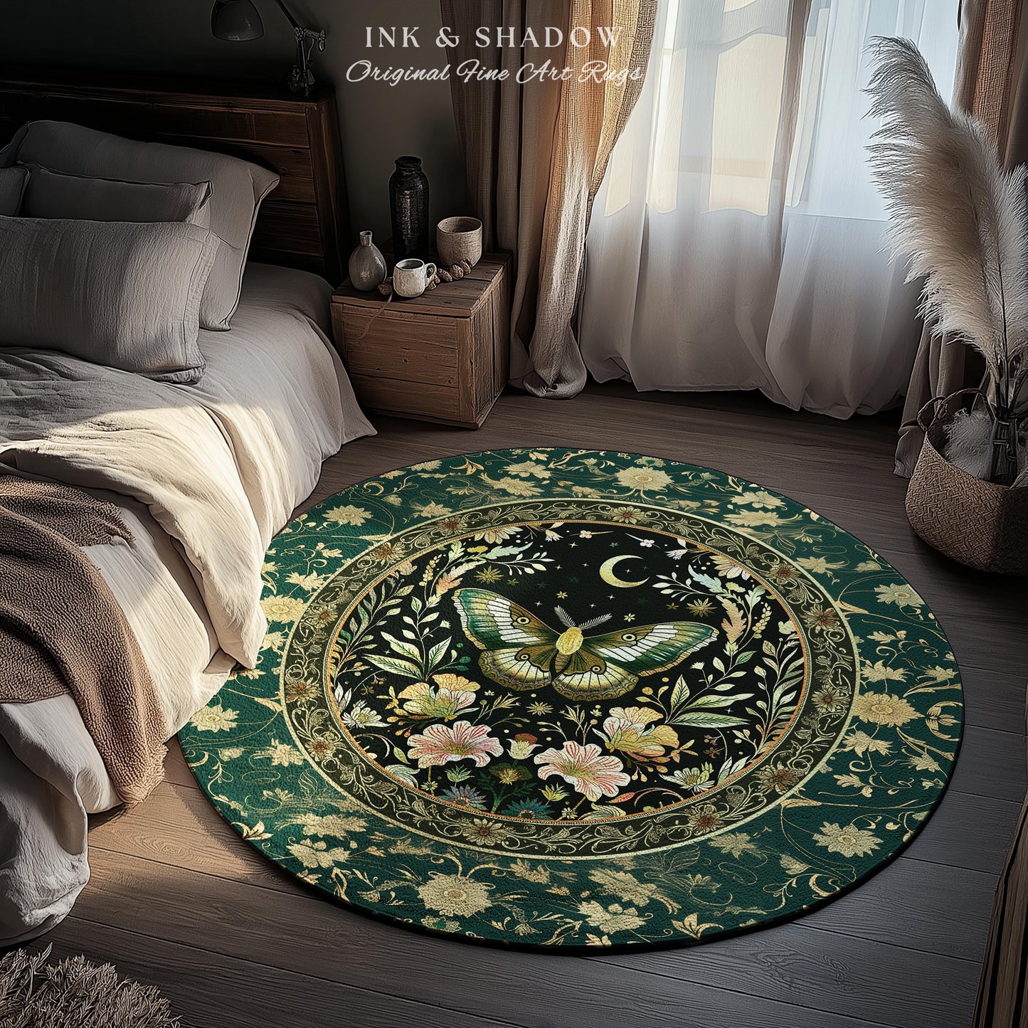 Dark Green Cottagecore Moth Rug Ethereal Botanical Fairycore Decor | Moonlit Garden Boho Butterfly Art Floral Moth Rug Nature Lovers Gift
