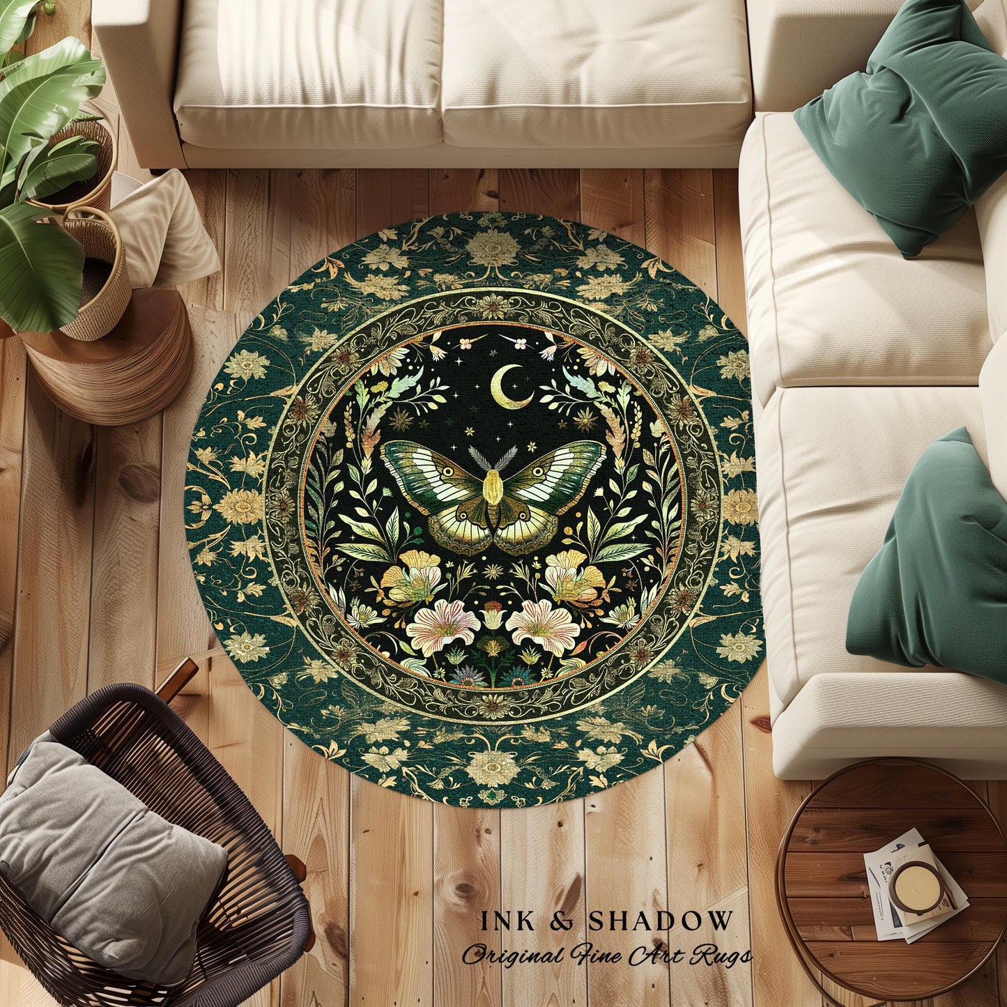 Dark Green Cottagecore Moth Rug Ethereal Botanical Fairycore Decor | Moonlit Garden Boho Butterfly Art Floral Moth Rug Nature Lovers Gift