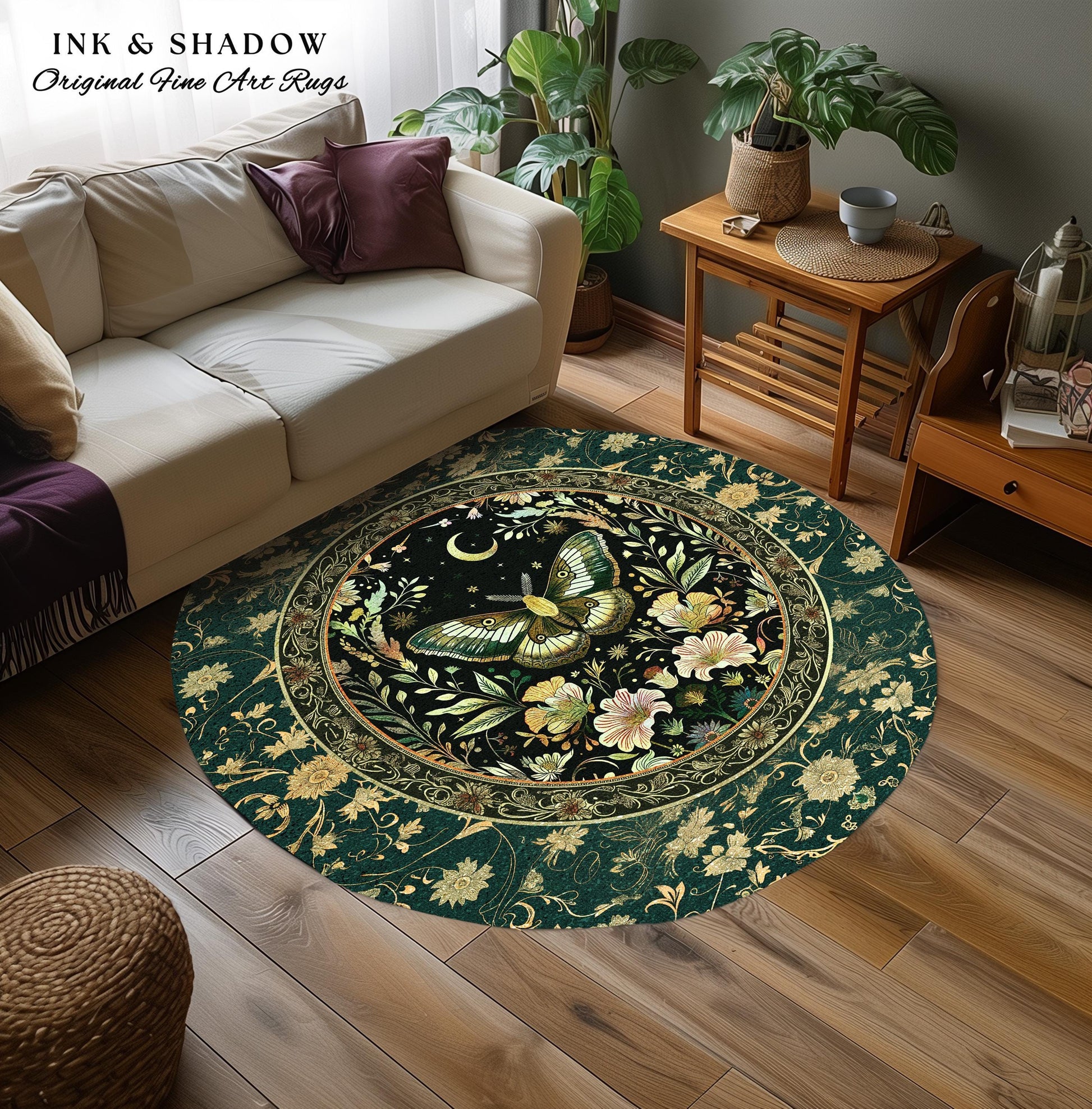Dark Green Cottagecore Moth Rug Ethereal Botanical Fairycore Decor | Moonlit Garden Boho Butterfly Art Floral Moth Rug Nature Lovers Gift