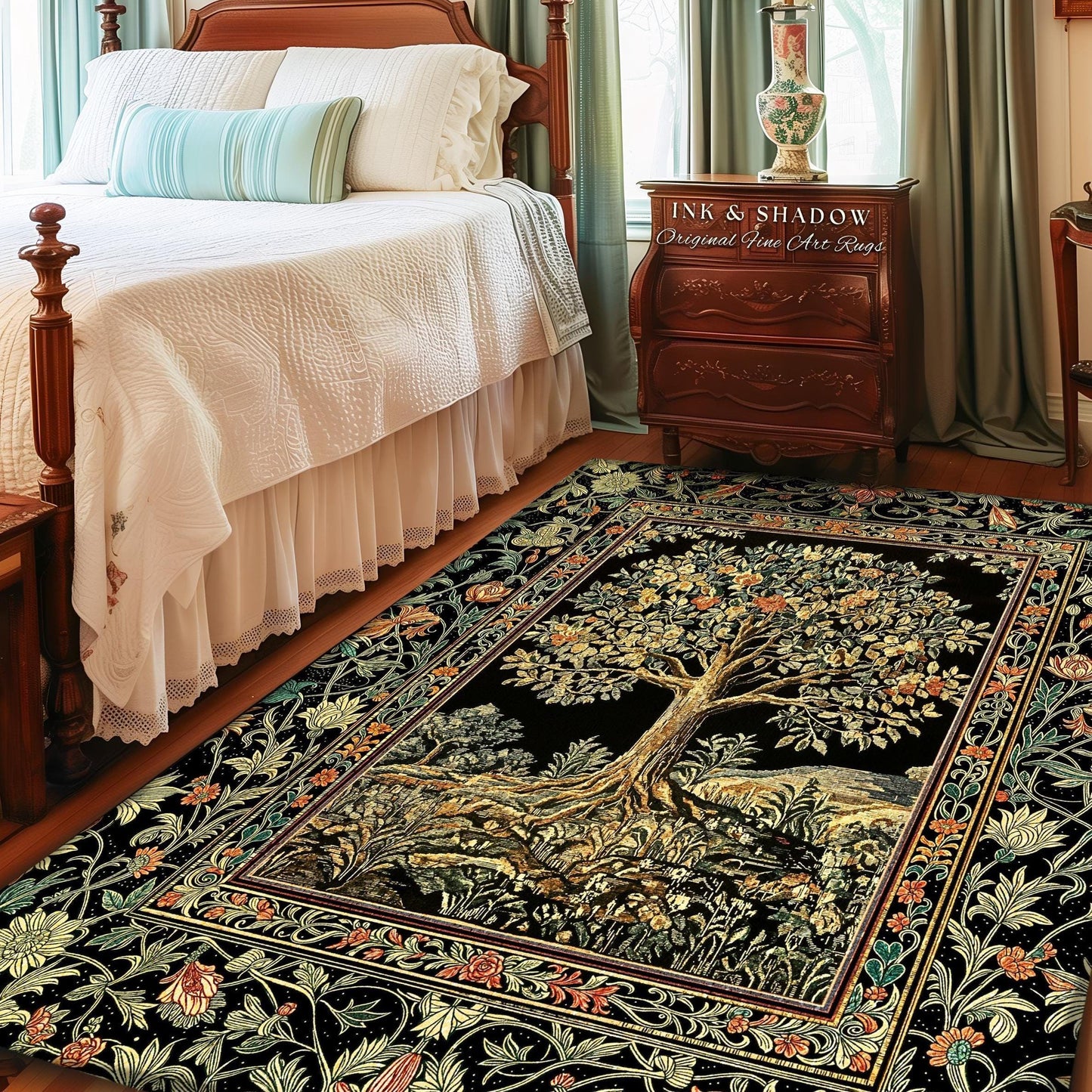 Regal Woodland Tree Rug | Floral Heritage Decor Rug Parisian Style Gothic Cottagecore Aesthetic Traditional Living Room Accent Chateaucore