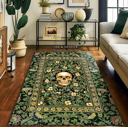 Macabre Garden Skull Area Rug | Botanical Gothic Aesthetic Skeleton Bedroom Floor Accent Spooky Season Decor Witchy Vibes Dark Academia Goth