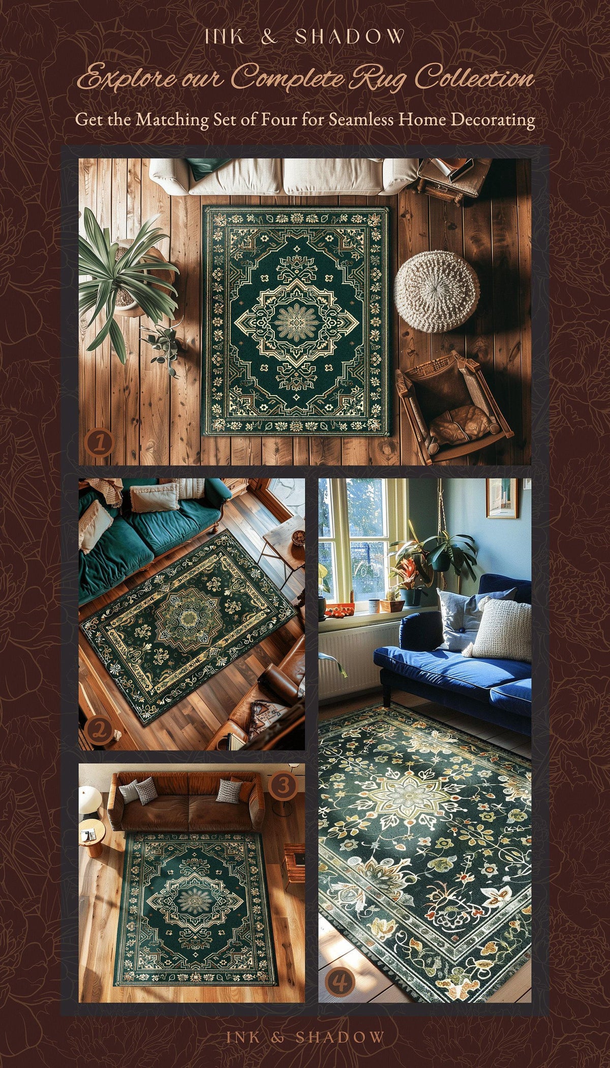 Deep Sea Green Room Accent Rug | Classic Ornate Statement Rug With Blue Green Detail Bohemian Mandala Aesthetic For Cozy Hippie Room Boho |