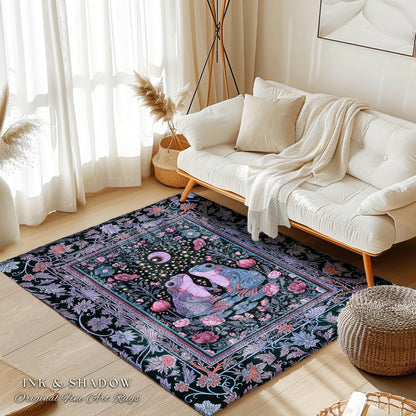 Dreamy Lavender Woodland Area Rug | Boho Fairycore Bedroom Accent Cute Frog Couple Mystic Theme Pastel Purple Decor Whimsigothic Aesthetic