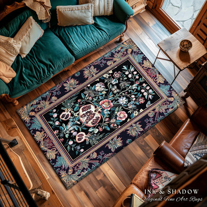 Witchy Dark Academia Pomegranate Rug Whimsigothic Floral Home Decor, Enchanted Woodland Cottagecore Botanical Victorian Gothic Nature Accent