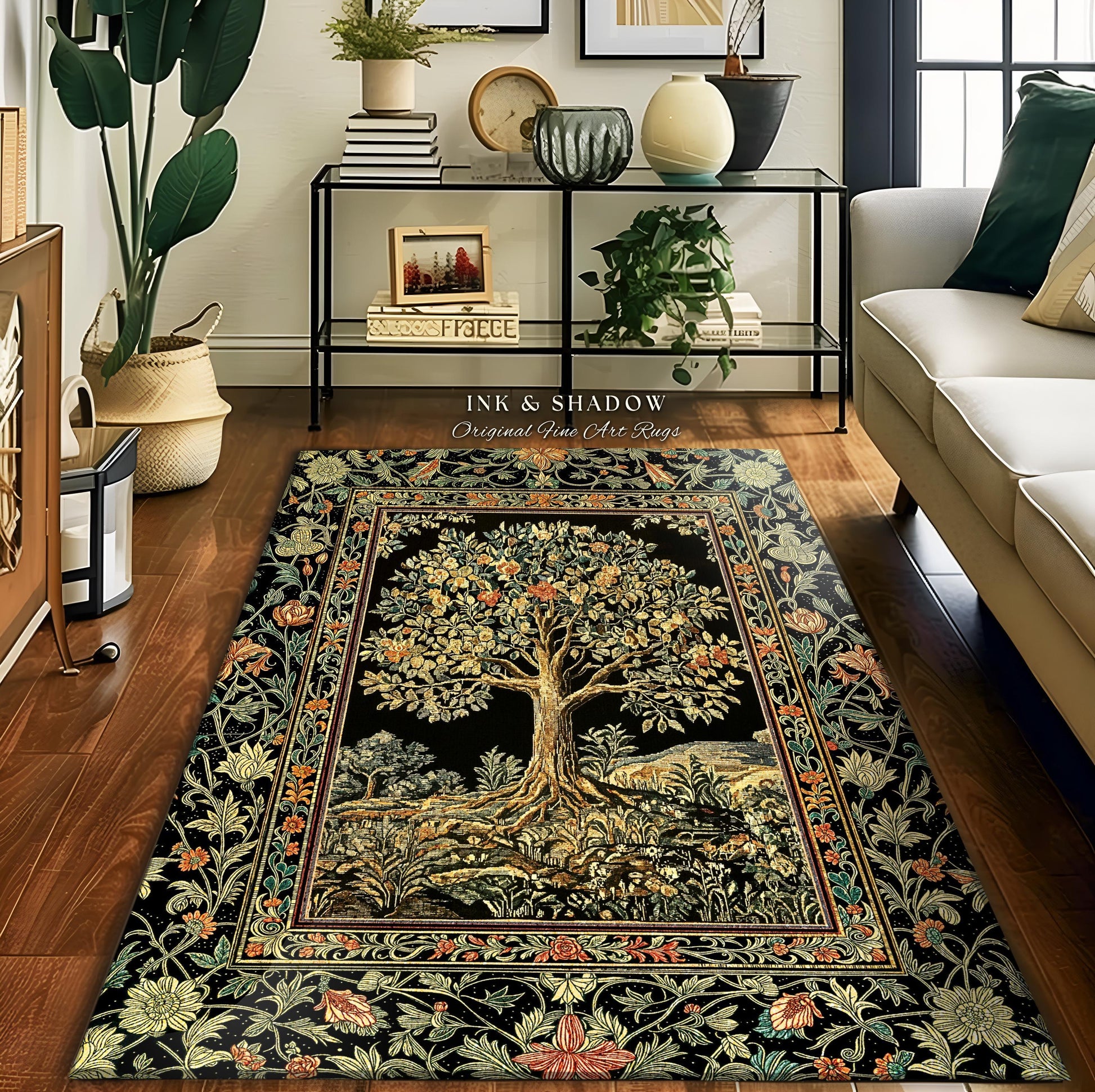 Regal Woodland Tree Rug | Floral Heritage Decor Rug Parisian Style Gothic Cottagecore Aesthetic Traditional Living Room Accent Chateaucore