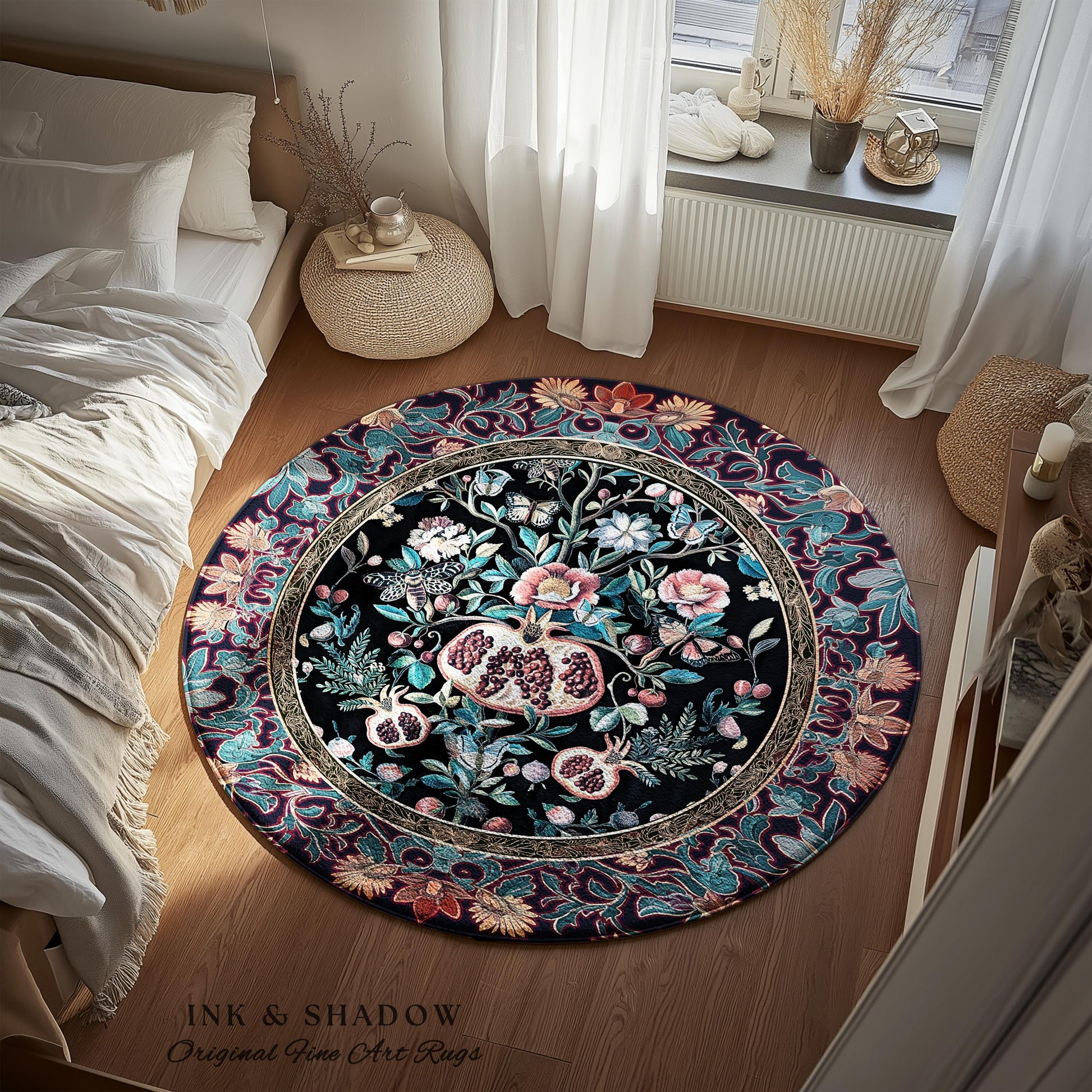 Witchy Dark Academia Pomegranate Rug Whimsigothic Floral Home Decor, Enchanted Woodland Cottagecore Botanical Victorian Gothic Nature Accent