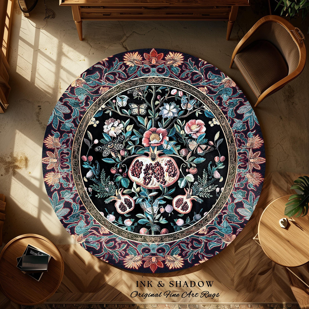 Witchy Dark Academia Pomegranate Rug Whimsigothic Floral Home Decor, Enchanted Woodland Cottagecore Botanical Victorian Gothic Nature Accent