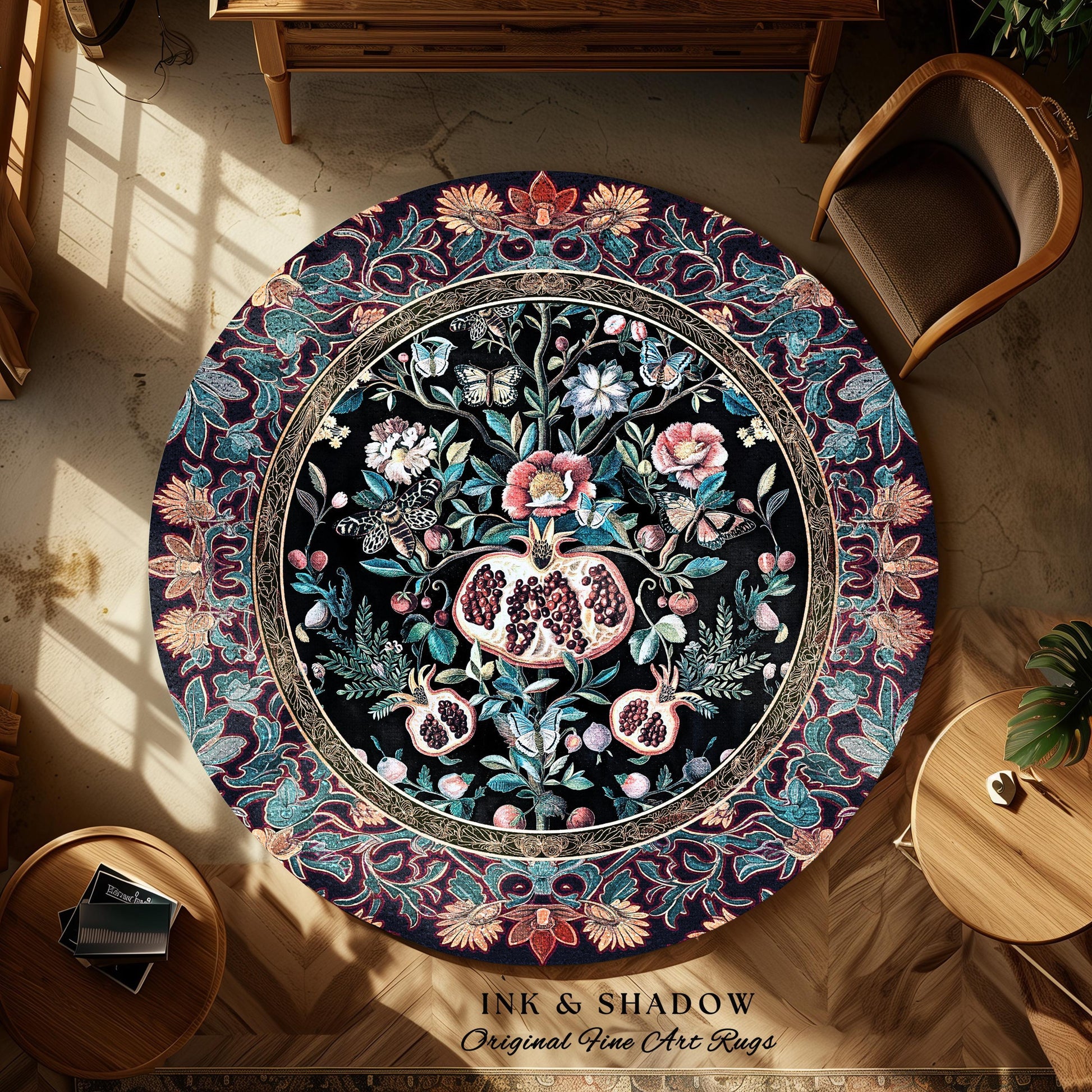 Witchy Dark Academia Pomegranate Rug Whimsigothic Floral Home Decor, Enchanted Woodland Cottagecore Botanical Victorian Gothic Nature Accent