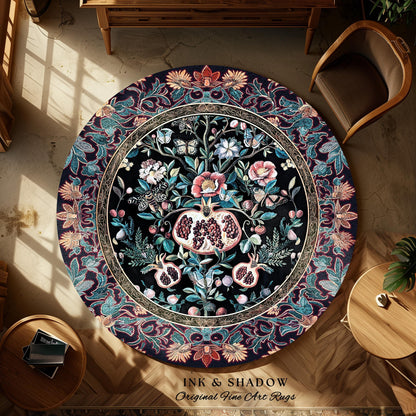 Witchy Dark Academia Pomegranate Rug Whimsigothic Floral Home Decor, Enchanted Woodland Cottagecore Botanical Victorian Gothic Nature Accent