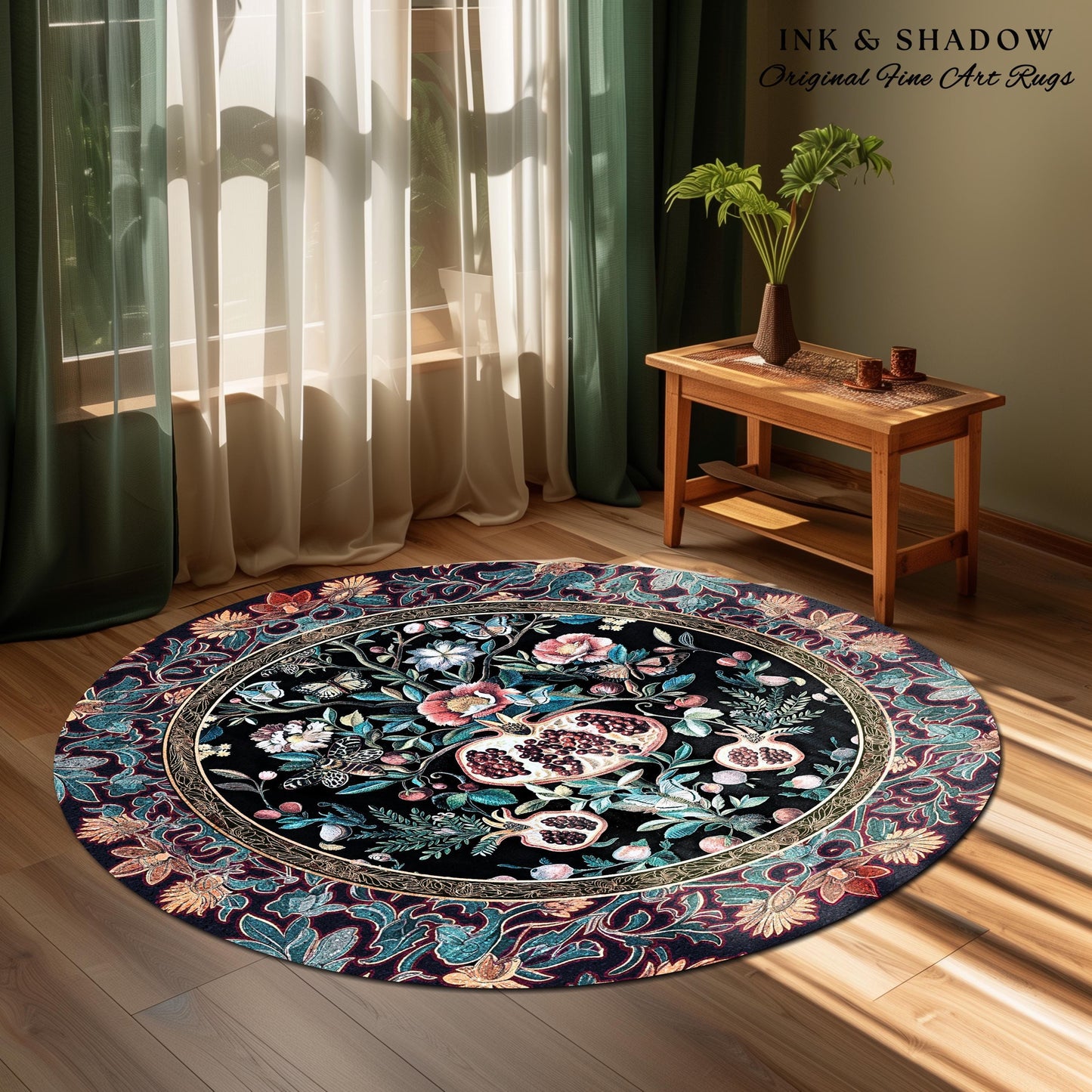 Witchy Dark Academia Pomegranate Rug Whimsigothic Floral Home Decor, Enchanted Woodland Cottagecore Botanical Victorian Gothic Nature Accent