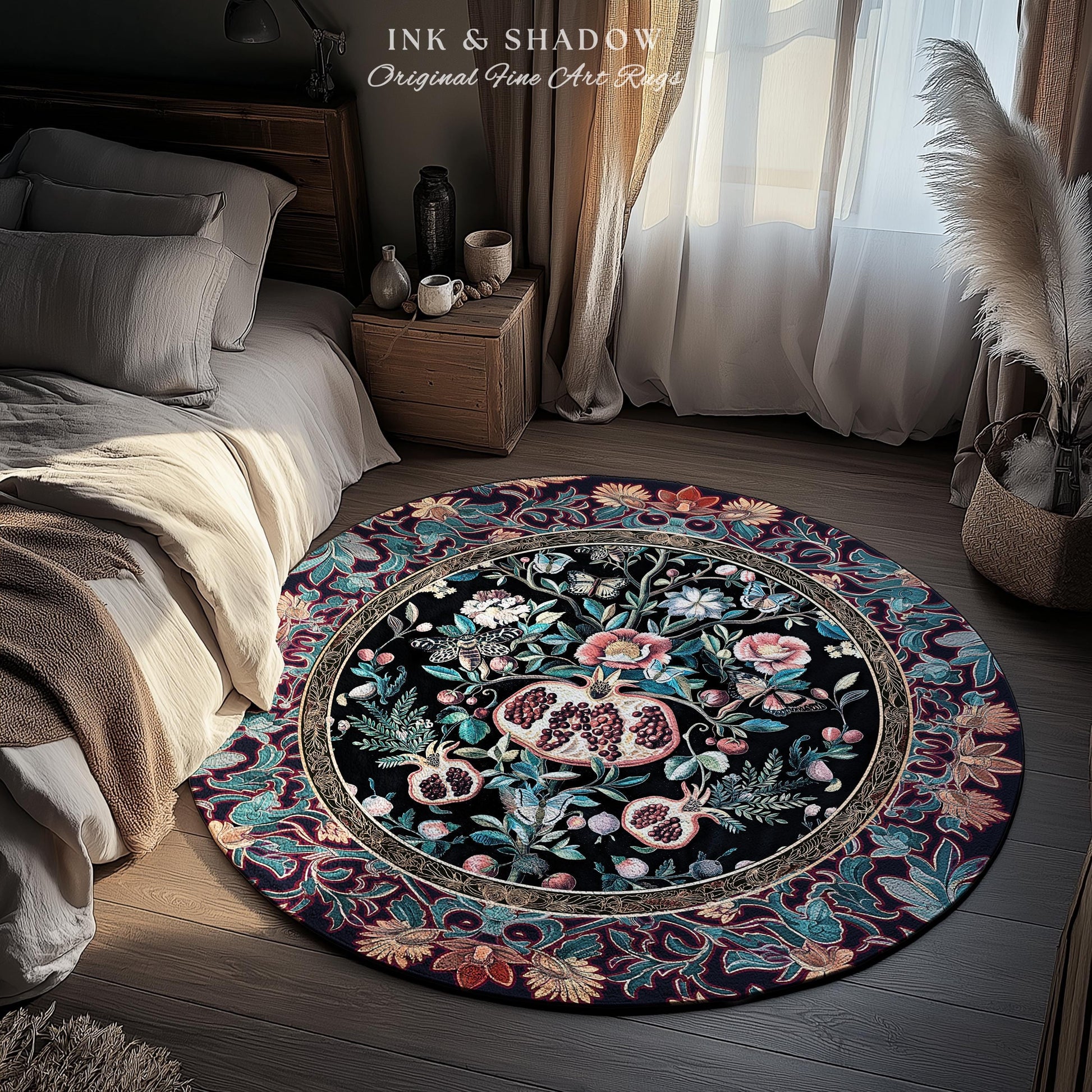 Witchy Dark Academia Pomegranate Rug Whimsigothic Floral Home Decor, Enchanted Woodland Cottagecore Botanical Victorian Gothic Nature Accent