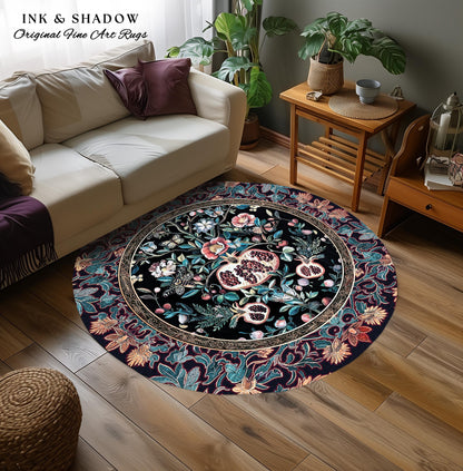 Witchy Dark Academia Pomegranate Rug Whimsigothic Floral Home Decor, Enchanted Woodland Cottagecore Botanical Victorian Gothic Nature Accent