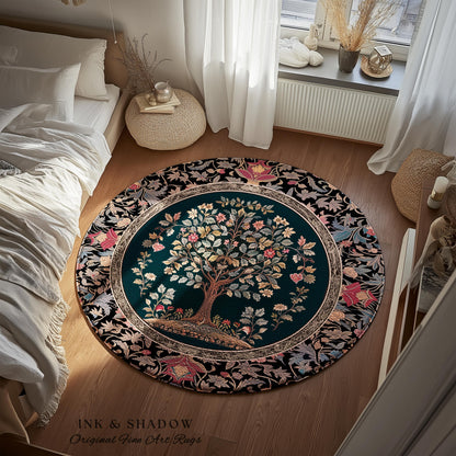 Victorian Folk Art Tree Area Rug | Floral Morris Inspired Accent Rug Red Roses Ornate Rococo Classical Medieval Garden Design Maximalist |