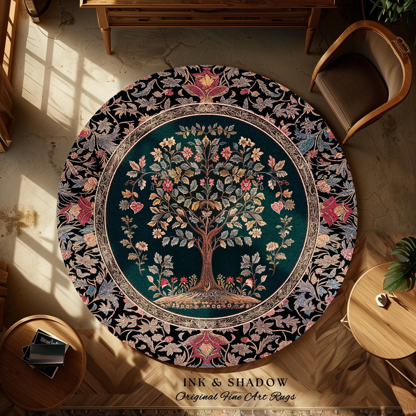 Victorian Folk Art Tree Area Rug | Floral Morris Inspired Accent Rug Red Roses Ornate Rococo Classical Medieval Garden Design Maximalist |
