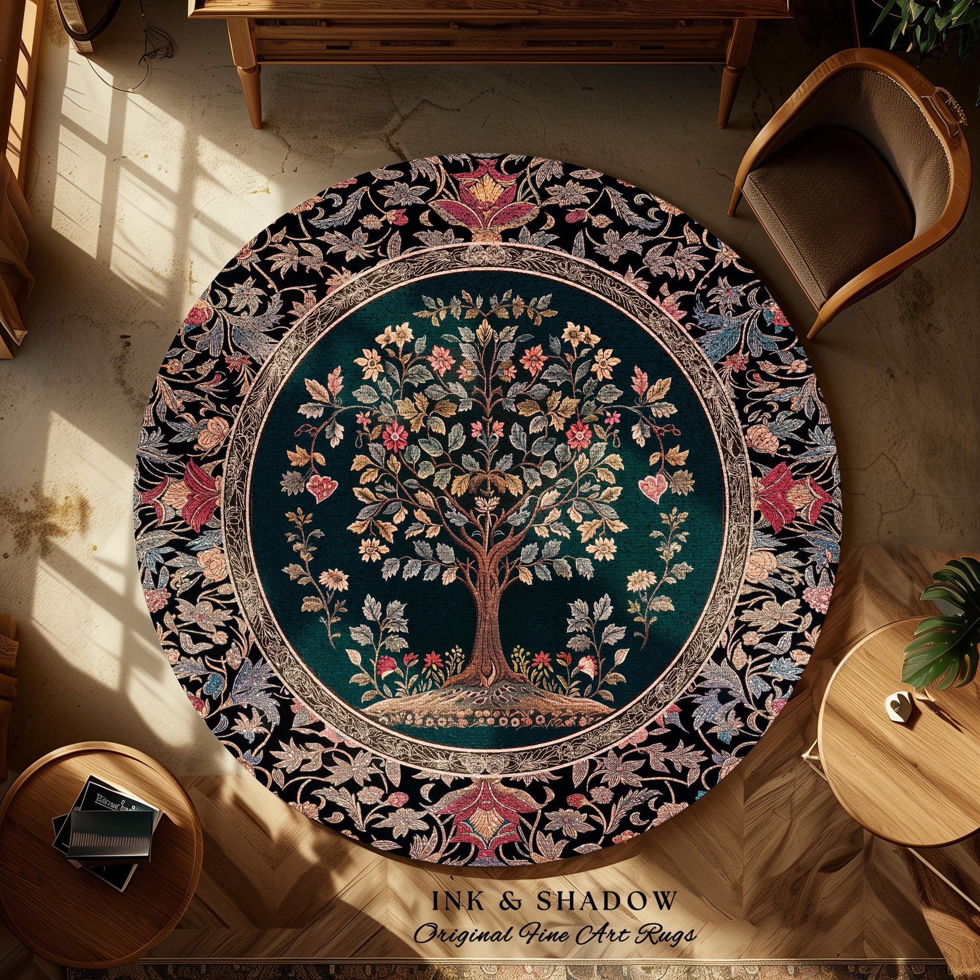 Victorian Folk Art Tree Area Rug | Floral Morris Inspired Accent Rug Red Roses Ornate Rococo Classical Medieval Garden Design Maximalist |