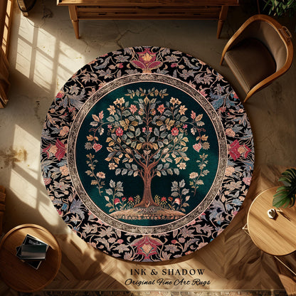 Victorian Folk Art Tree Area Rug | Floral Morris Inspired Accent Rug Red Roses Ornate Rococo Classical Medieval Garden Design Maximalist |