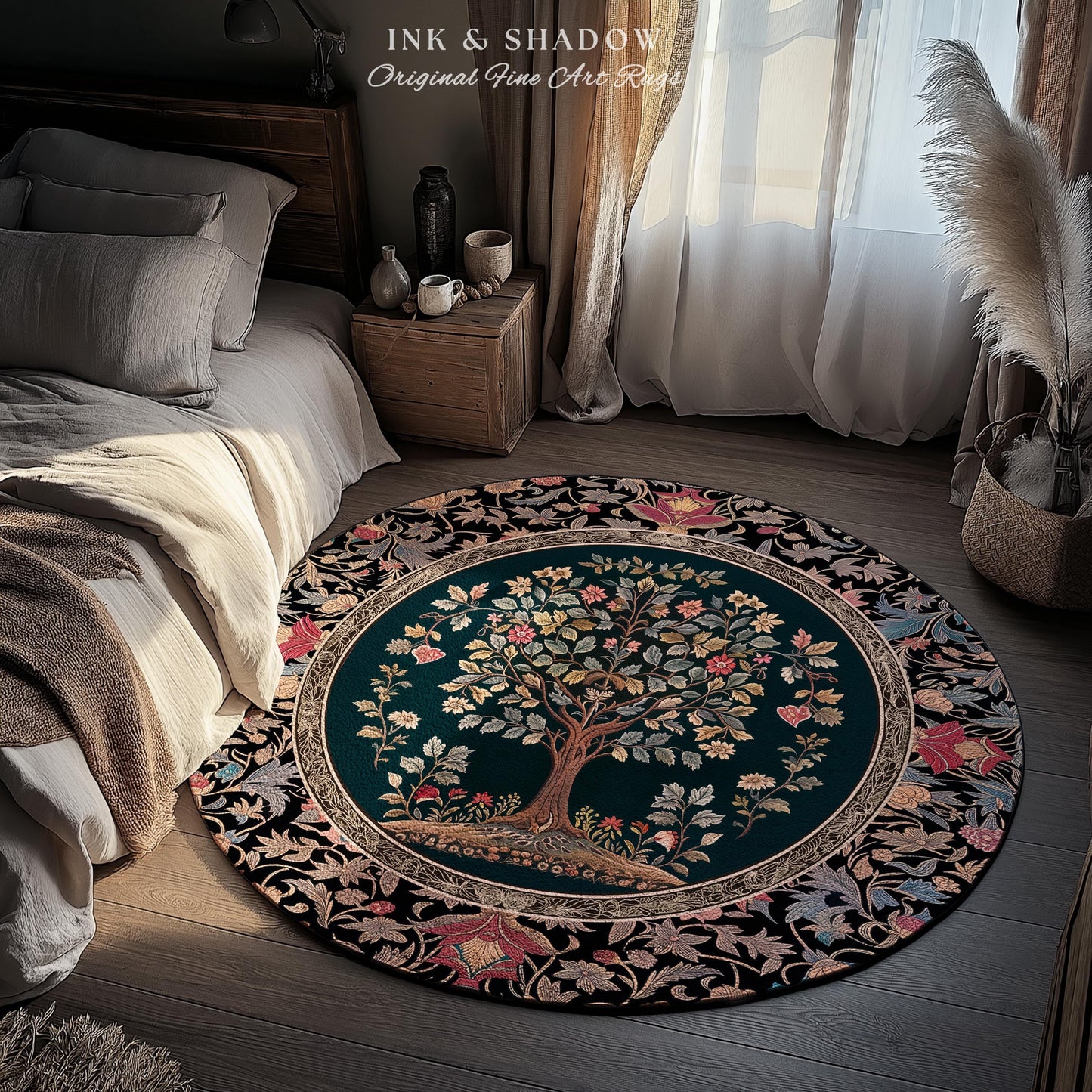 Victorian Folk Art Tree Area Rug | Floral Morris Inspired Accent Rug Red Roses Ornate Rococo Classical Medieval Garden Design Maximalist |