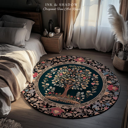 Victorian Folk Art Tree Area Rug | Floral Morris Inspired Accent Rug Red Roses Ornate Rococo Classical Medieval Garden Design Maximalist |