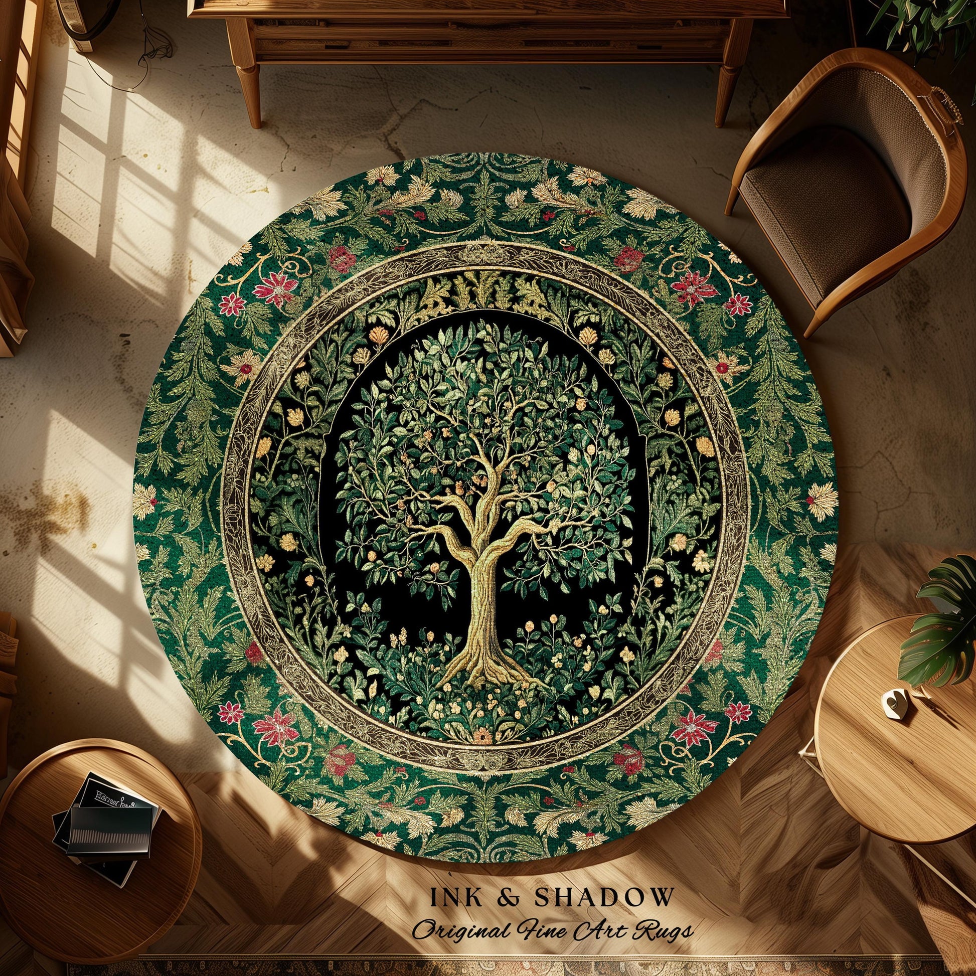 Forest Green Heritage Tree Rug | Lush Botanical Tapestry Style with Crimson Floral Borders Vintage Cottagecore Maximalist Medieval Aesthetic