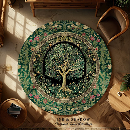 Forest Green Heritage Tree Rug | Lush Botanical Tapestry Style with Crimson Floral Borders Vintage Cottagecore Maximalist Medieval Aesthetic