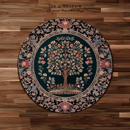 Victorian Folk Art Tree Area Rug | Floral Morris Inspired Accent Rug Red Roses Ornate Rococo Classical Medieval Garden Design Maximalist |