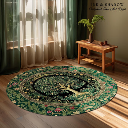 Forest Green Heritage Tree Rug | Lush Botanical Tapestry Style with Crimson Floral Borders Vintage Cottagecore Maximalist Medieval Aesthetic