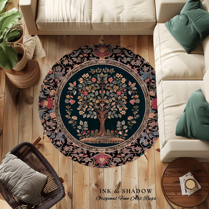 Victorian Folk Art Tree Area Rug | Floral Morris Inspired Accent Rug Red Roses Ornate Rococo Classical Medieval Garden Design Maximalist |